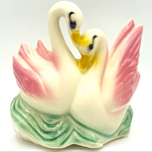 Vintage American Bisque Double Swan Planter Vase Pink Pastel Bird Figural Kitsch
